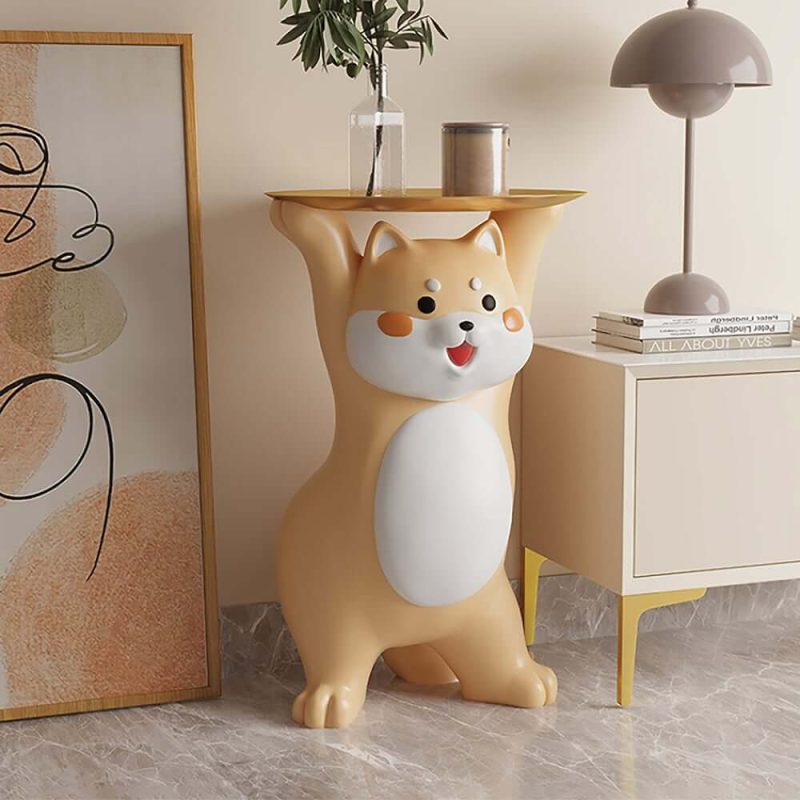"Modern Dog Side Table Resin Figurine with Gold Tray"