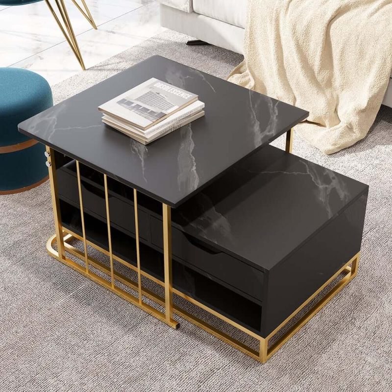 "Modern Nesting Coffee Table Set of 2 in Black with Drawers & Shelves"