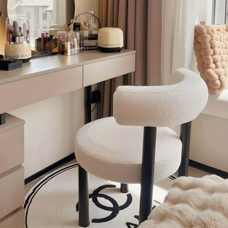 "Contemporary Vanity Stool with Back, Sherpa Upholstered and Black Legs - Beige"