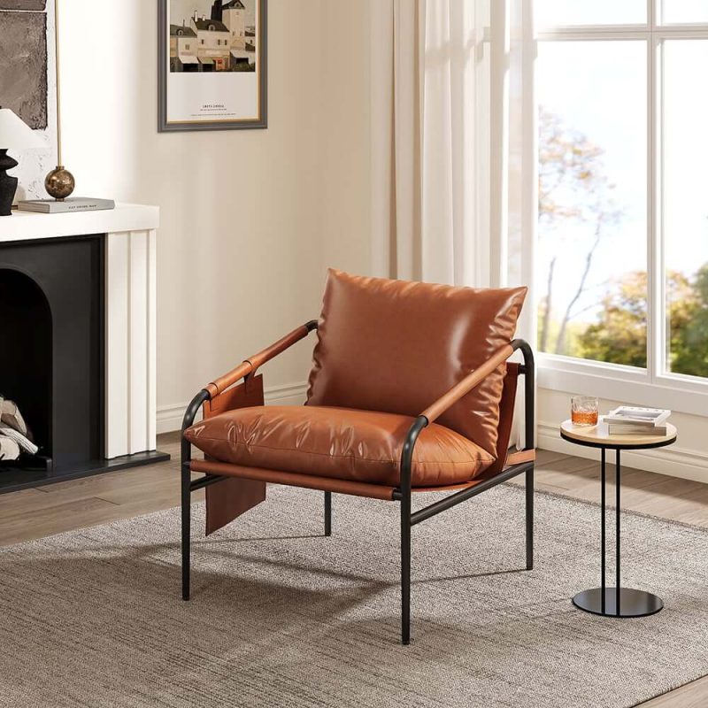 "Brown Leather Accent Chair with Metal Frame"