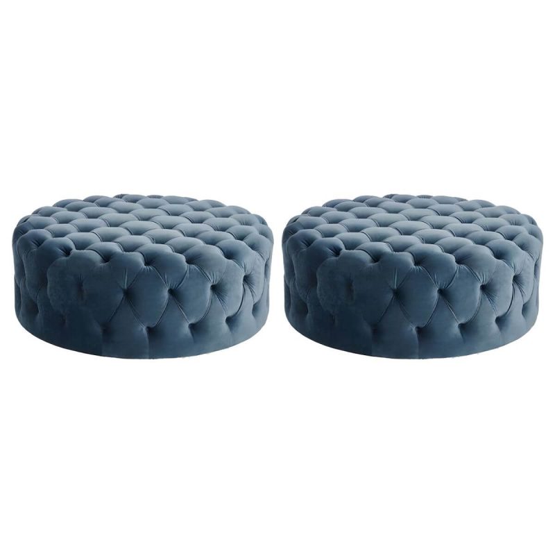"Indoor Solid Color Contemporary Round Fabric Upholstered Tufted Cocktail - 2 Piece Set 28"L x 28"W x 16"H Dark Blue"