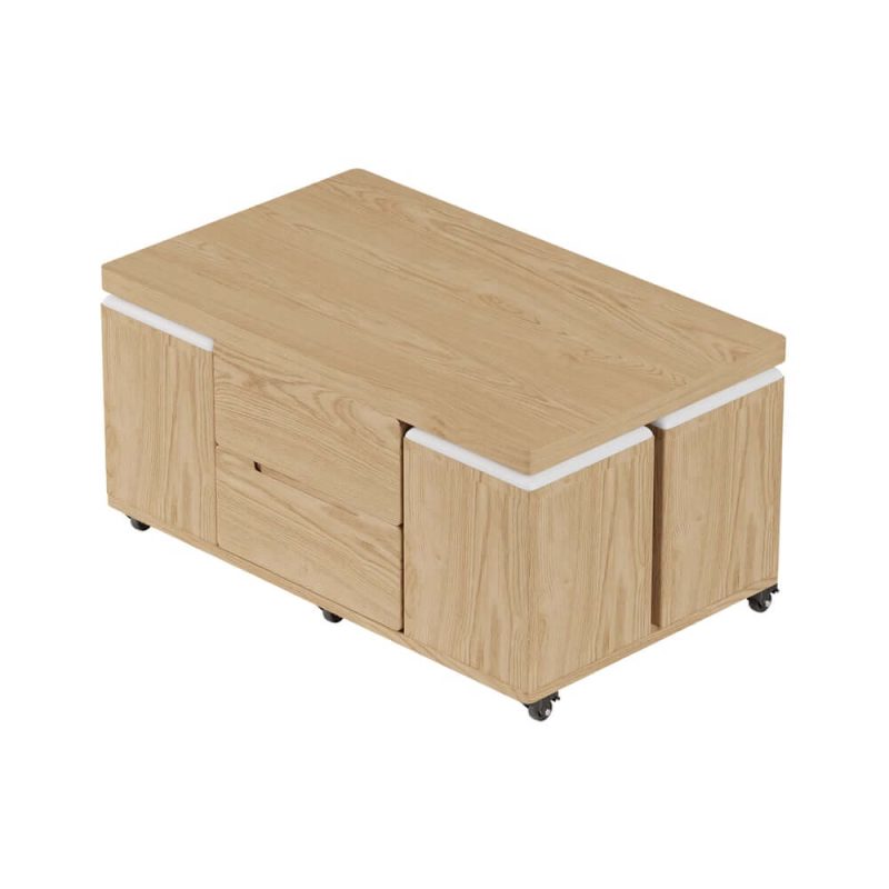"39" Lift-Top Foldable Natural Coffee Table with 4 Stools & Storage"