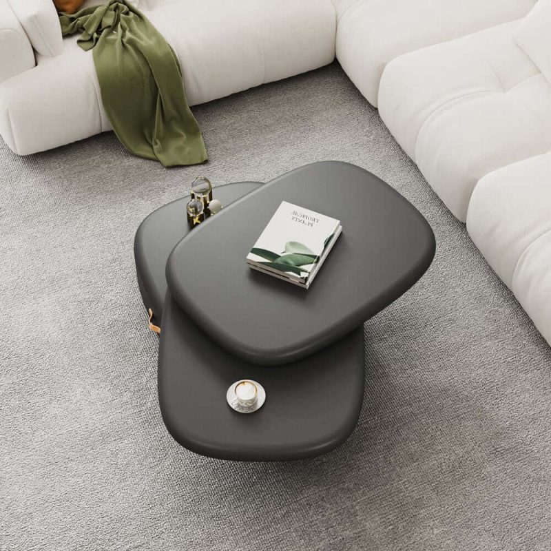 "3-Tiered Modern Oval Black Pebbles Rotating Coffee Table with Storage"