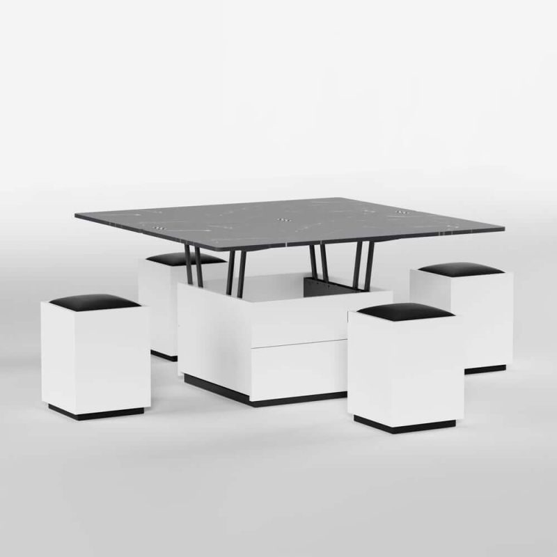 "Modern White Lift Top Marble Coffee Table with Drawers & Storage Multifunction Table"