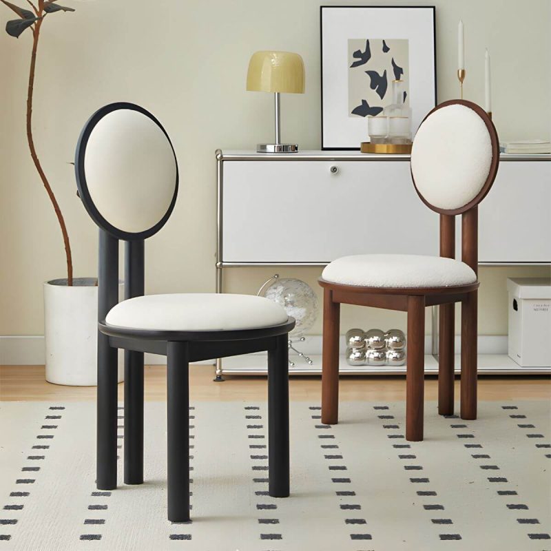 "Modern Vanity Stool with Round Back, White Upholstered and Wood Straight Legs - Walnut Design 1"