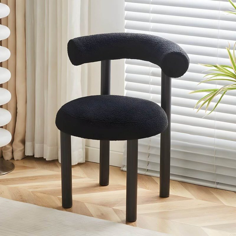 "Contemporary Vanity Stool with Back, Sherpa Upholstered and Black Legs - Black"