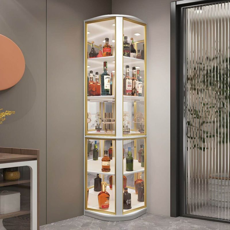 "Modern Gray Corner Accent Cabinet with Glass Doors and 2 Shelves - 20"L x 20"W x 79"H Ivory"