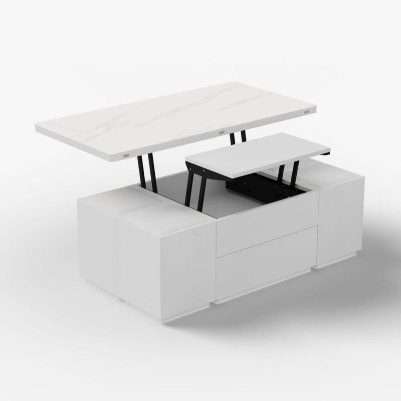"Modern White Lift Top Marble Coffee Table with Drawers & Storage Multifunction Table"