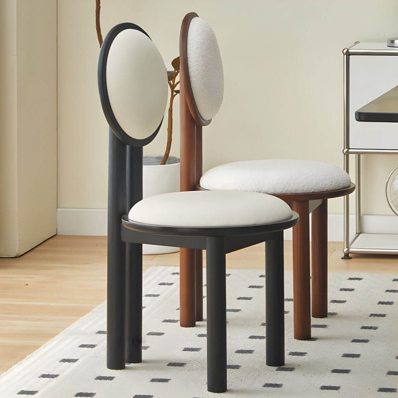 "Modern Vanity Stool with Round Back, White Upholstered and Wood Straight Legs - Walnut Design 1"