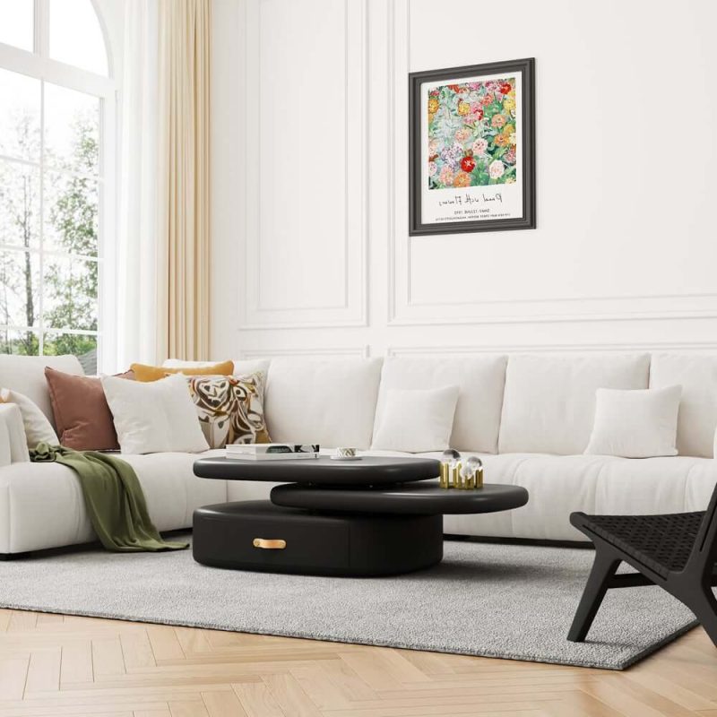 "3-Tiered Modern Oval Black Pebbles Rotating Coffee Table with Storage"
