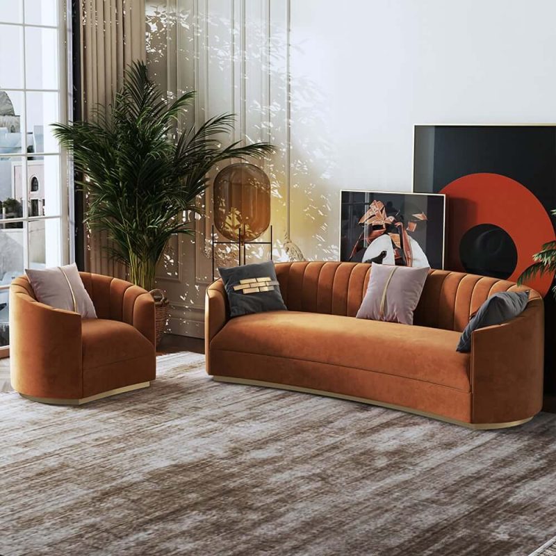 "70.9" Modern Velvet Couch Curved Sofa in Orange with Stainless Steel Base"