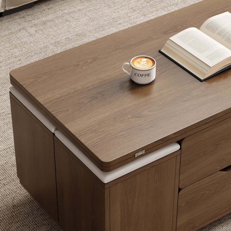 "39" Lift-Top Foldable Walnut Coffee Table with 4 Stools & Storage"