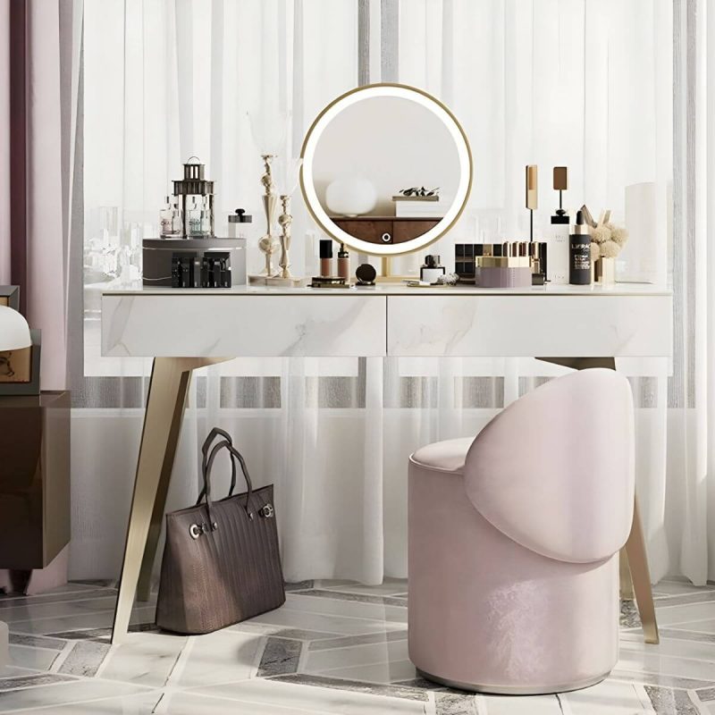 "Contemporary Pink Armless Swivel Vanity Stool with Upholstered Seat and Backrest - Genuine Leather"