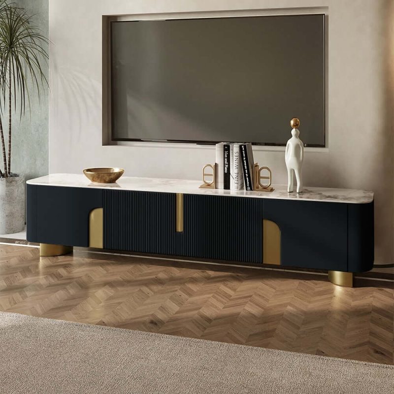 "Artus Modern Black TV Stand Stone Top 4 Doors with Storage Media Console TVs up to 85""