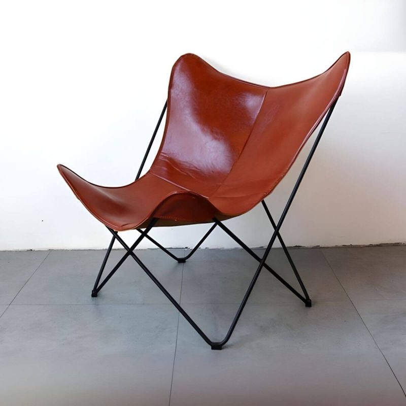 "Scandinavian Small Metal Recliner, Solid Color, Waterproof, With Legs - Brown Black PU (Polyurethane)"