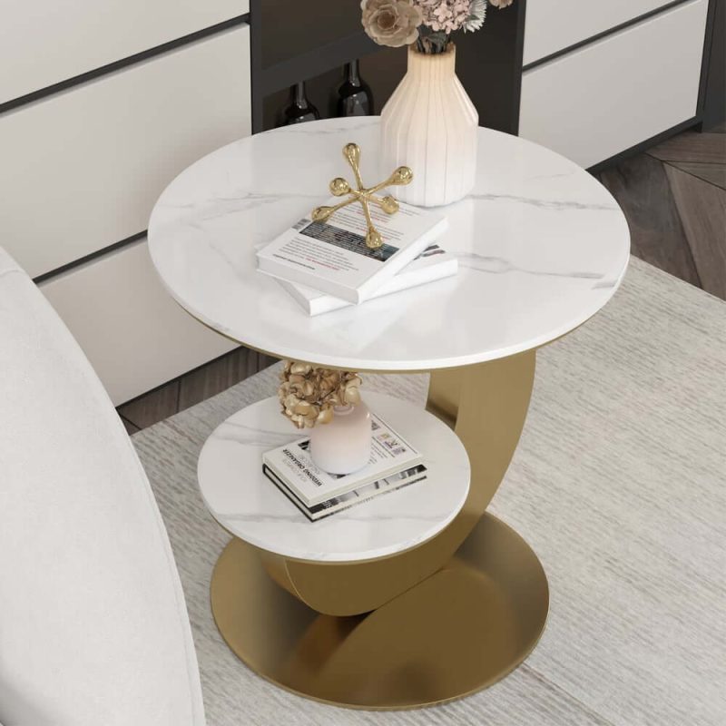 "20" Round Sintered Stone 2-Tier Gold Moon-Shaped Side Table"
