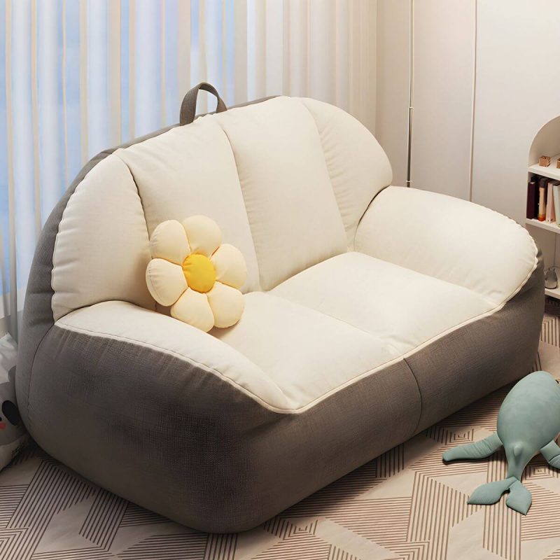 "Large White Linen Bean Bag Sofa Pre-Filled with Expanded Polystyrene Beans for Comfortable Seating - White-Gray"