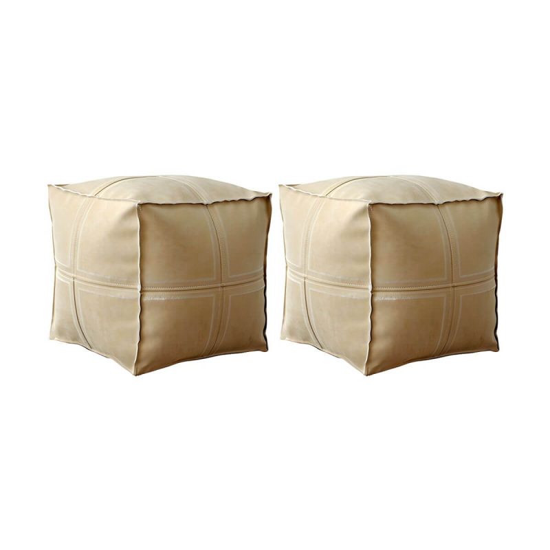 "Geometric Genuine Leather Square Pouf Ottoman for Modern Style - Removable Cushion Cover Included - Beige 2 Piece Set"