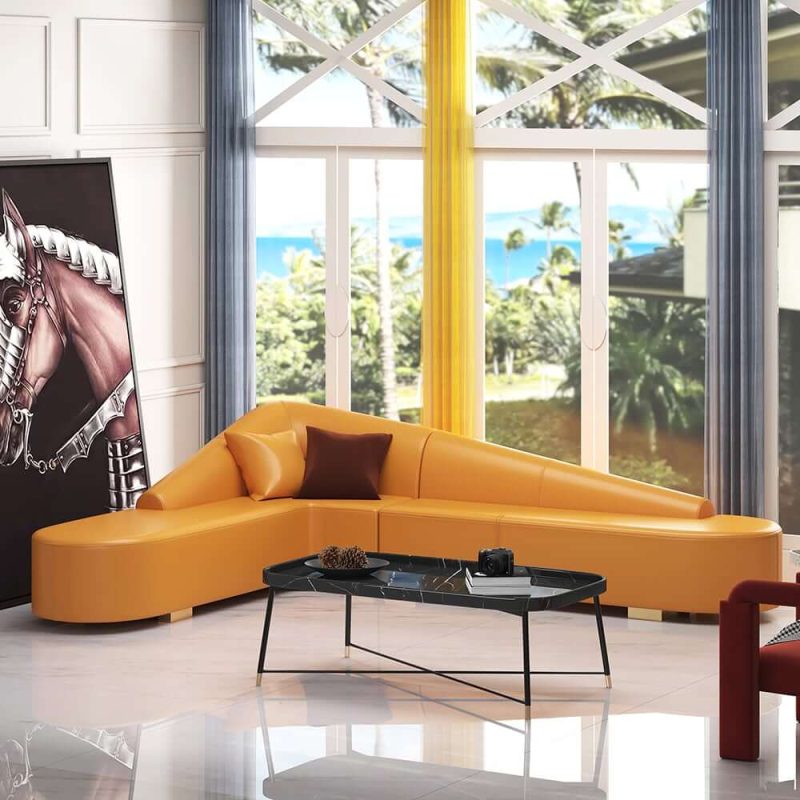 "Modern 6-Seater Orange L-Shaped Corner Sectional Sofa Faux Leather Upholstery"
