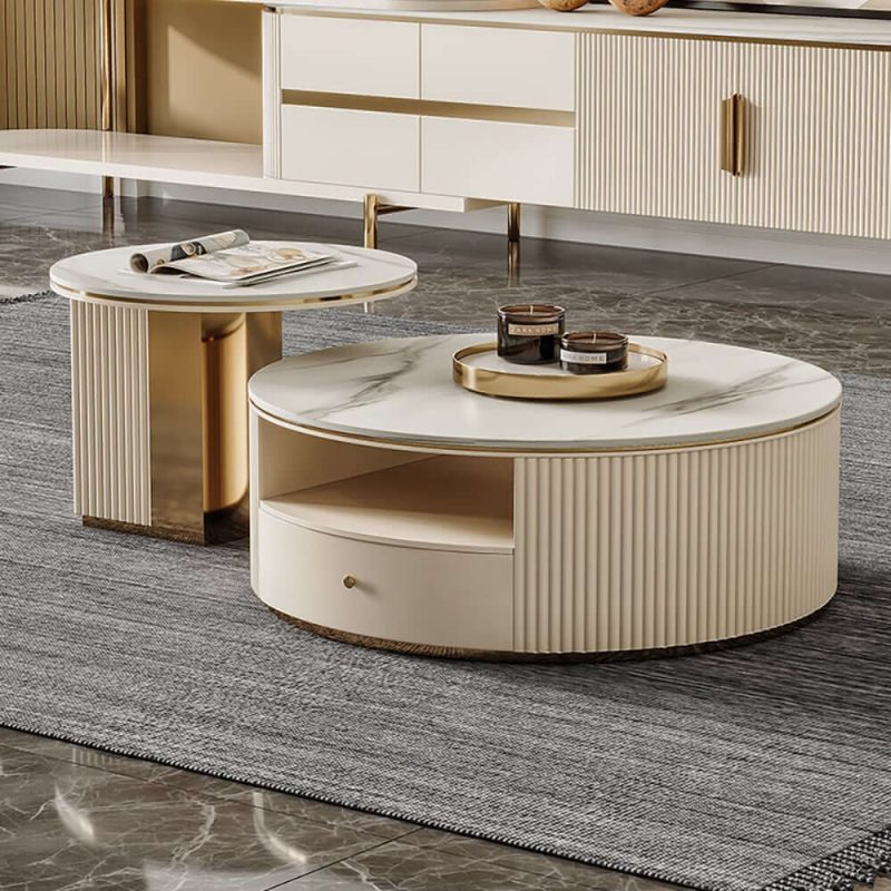 "Mytures Modern Round Nesting Coffee Table with Storage White Sintered Stone Set of 2"