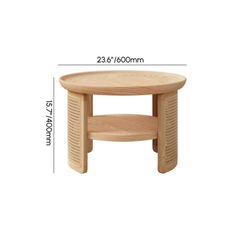 "Dimension of 2-Tiered Japandi Round Wood Coffee Table with Rattan Base"