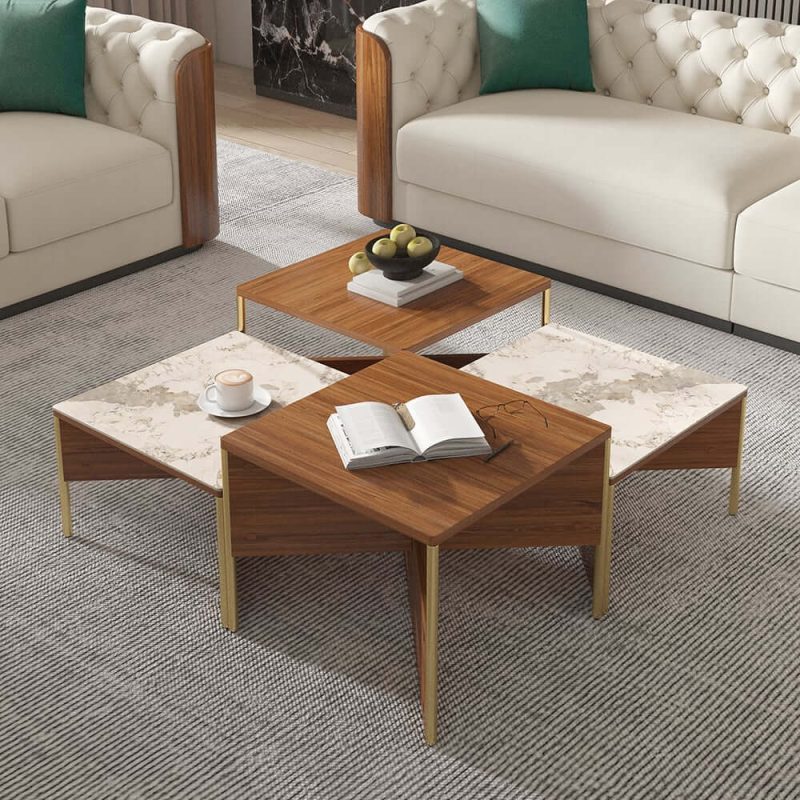 "39.4" Square Modern Sintered Stone Coffee Table Walnut Veneer Coffee Table in Gold Frame"