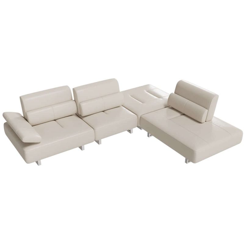 "134.6" White Leather Lounge Deep Seat Sectional Sofa with Adjustable Armrest & Backrest"