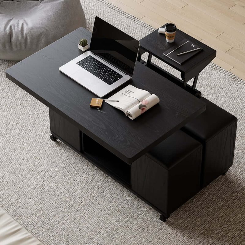 "39" Lift-Top Foldable Coffee Table with 4 Stools & Storage"