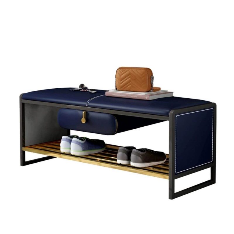 "Glam Faux Leather Rectangle Ottoman with Storage - Black Legs - 31.5"L x 16"W x 18"H Dark Blue"