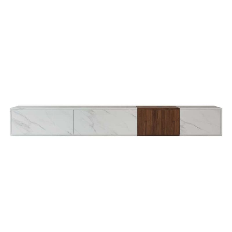 "Vewal 78.9" Modern Wood Block TV Stand Marble & Walnut Veneer in White with 4  Drawers"