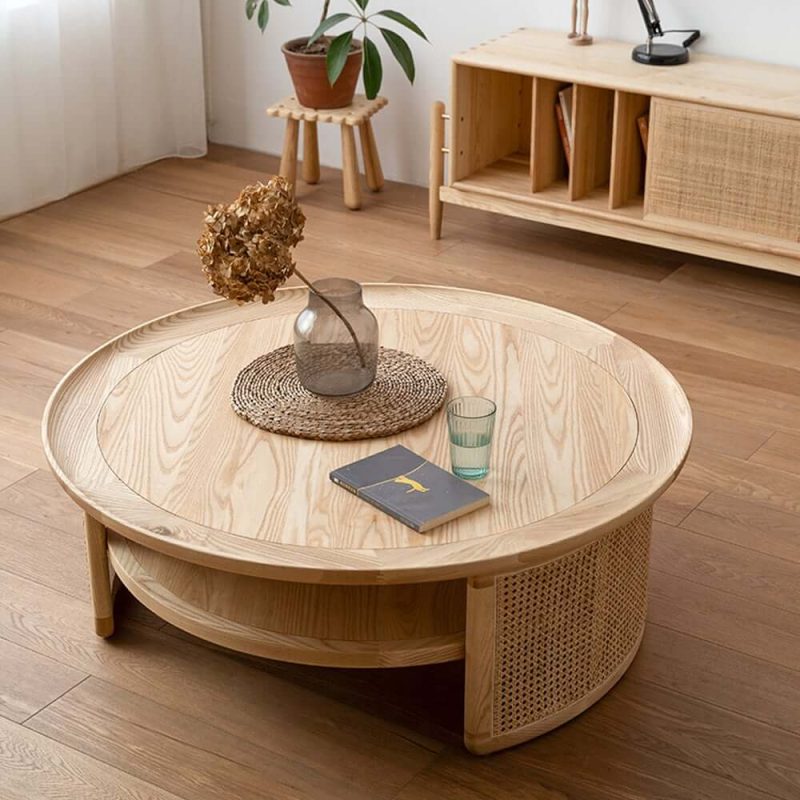 "2-Tiered Japandi Round Wood Coffee Table with Rattan Base"