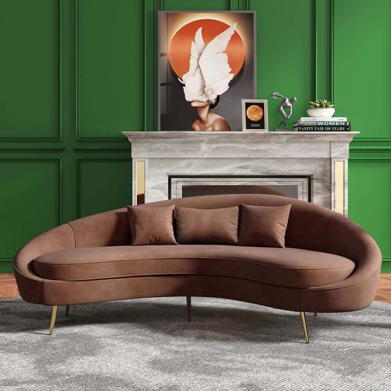 "Modern 83" Brown Velvet Curved Sofa 3-Seater Sofa Gold Legs Toss Pillow Included"