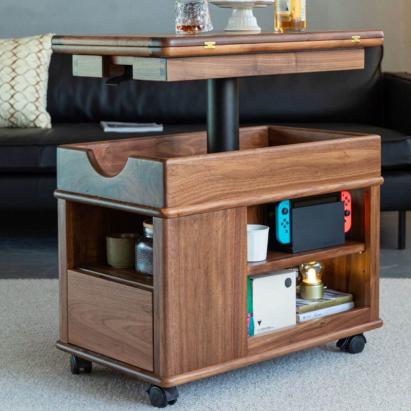 "Adjustable Height Walnut Chairside Table with Rotatable Swivel Wheels and Trunk Storage - 27.5"L x 16"W x 22"H"
