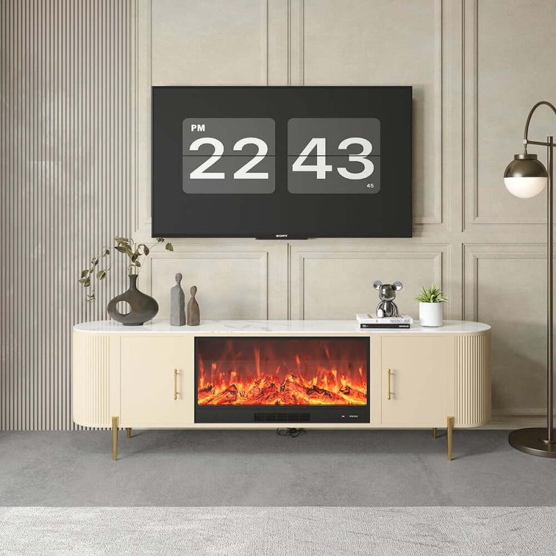 "87" Sintered Stone Top Electric Fireplace TV Stand with Remote Control and Storage"