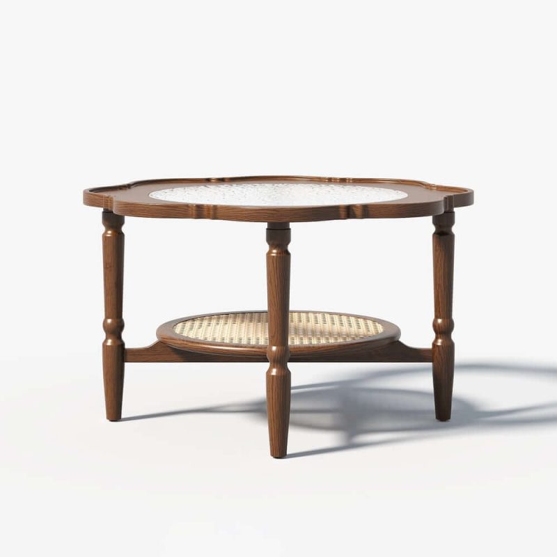 "31.5" Walnut Glass Top Wood Rattan 2-Tiered Coffee Table 	"