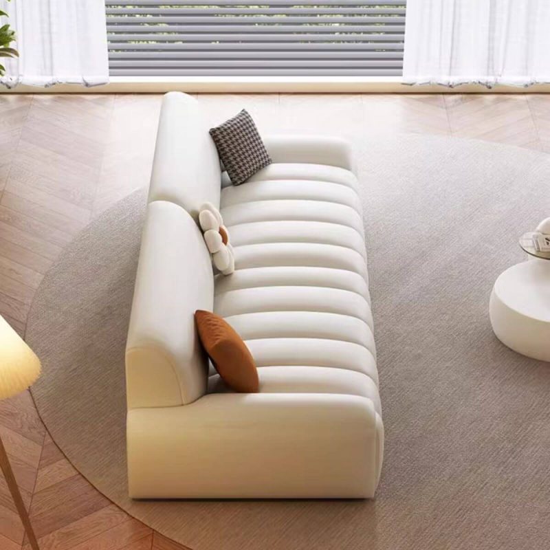 "3 Pillows White Modern Simple Style Solid Color Scratch-durable Standard Sofa for 5 Person, 126"L x 37"W x 30"H, Anti Cat Scratch Leather"