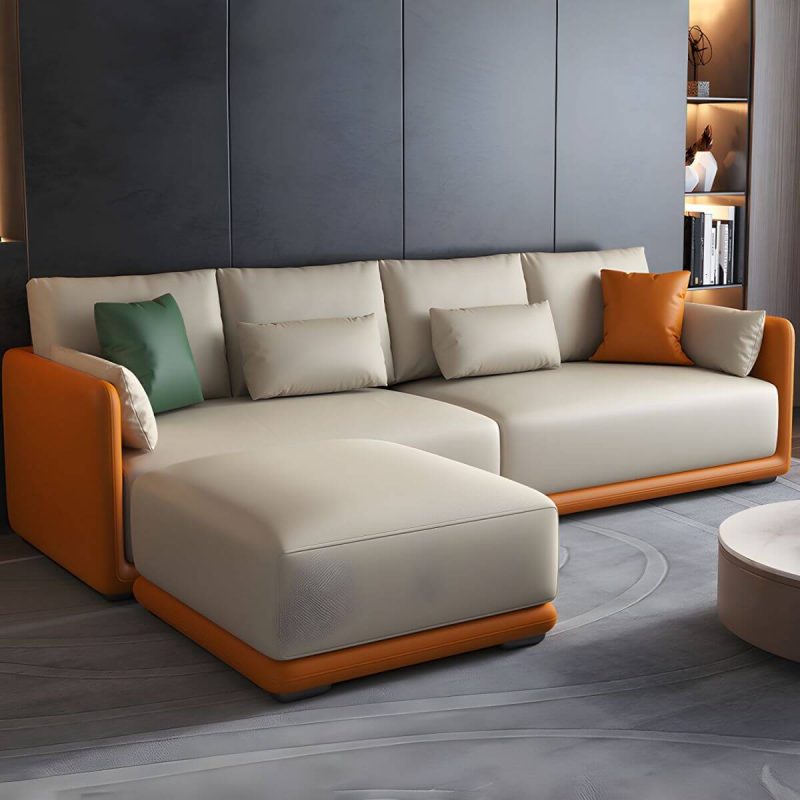 "Genuine Leather Foot Stool in Solid Wood Contemporary Style Indoor - 2 Piece Set Beige/Brown 31.5"L x 24"W x 16"H"