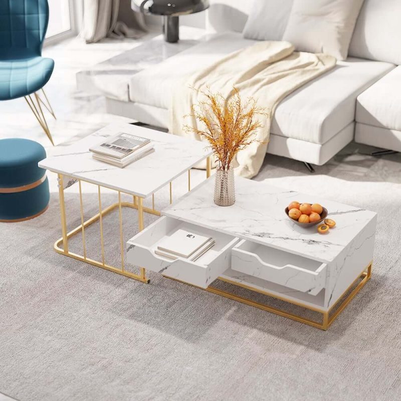 "Rectangle 2-Piece Nesting Set White Coffee Table with Metal Base and Storage"