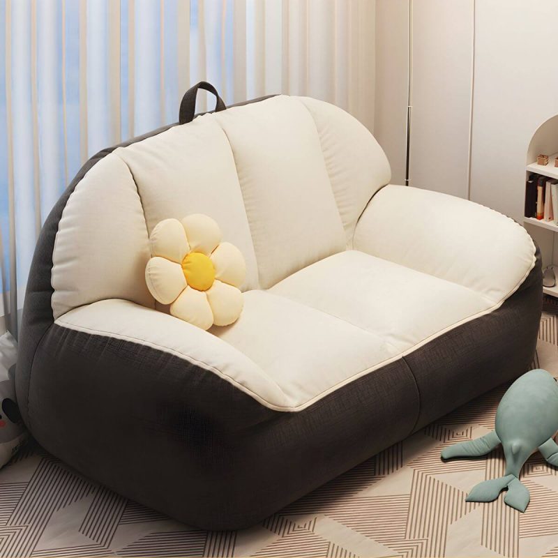 "Large White Linen Bean Bag Sofa Pre-Filled with Expanded Polystyrene Beans for Comfortable Seating - White-Brown"