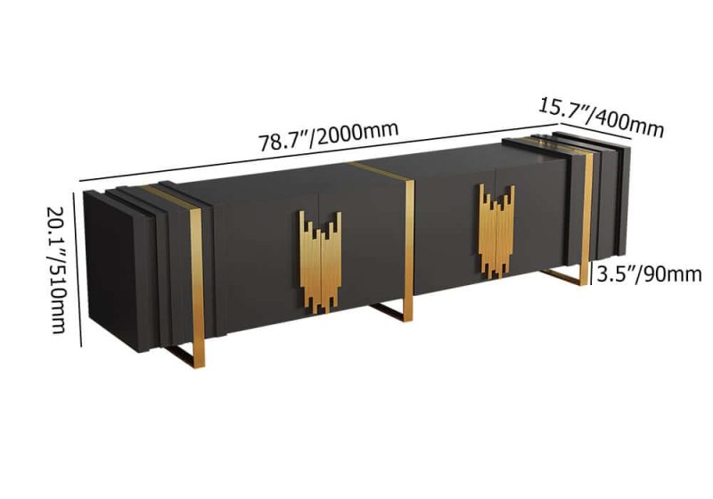 "Dimension of Aurea 78.7" Light Luxury TV Stand Black Rectangular with 4 Doors & 2 Shelves in Gold"