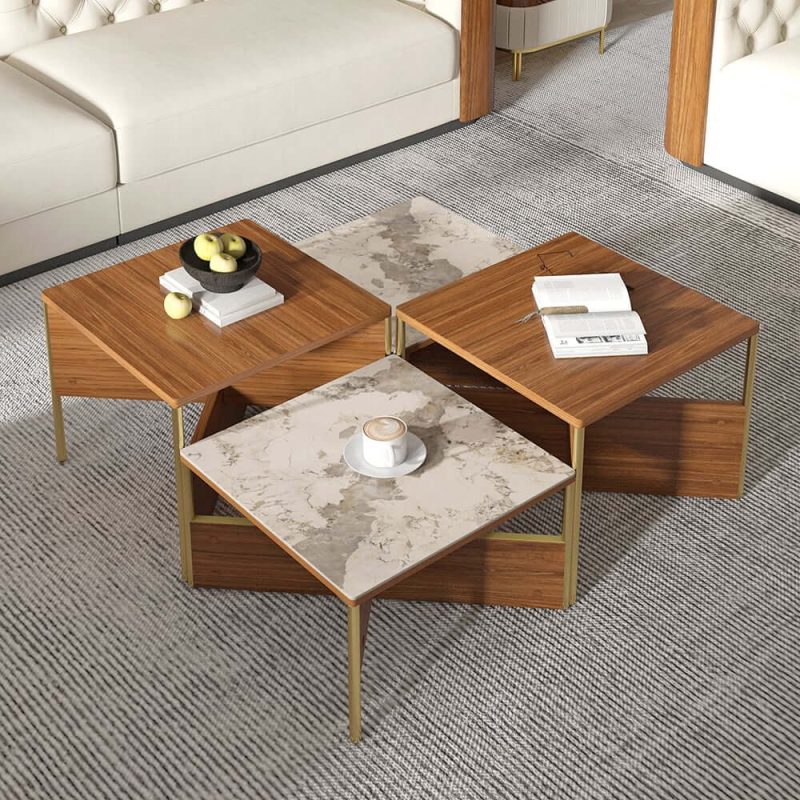 "39.4" Square Modern Sintered Stone Coffee Table Walnut Veneer Coffee Table in Gold Frame"