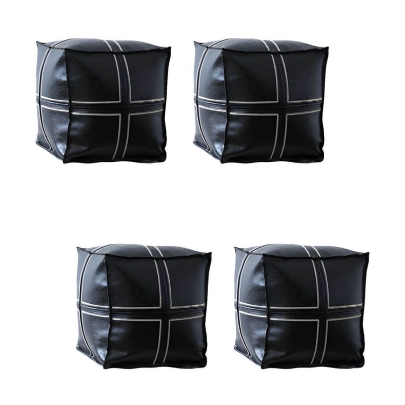 "Geometric Genuine Leather Square Pouf Ottoman for Modern Style - Removable Cushion Cover Included - Black 4 Piece Set"
