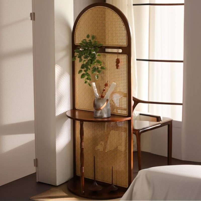 "Tropical Indoor Translucent Single Panel Room Screen with Shelf and 1 Cane Panel, Cherry, Hook Included"