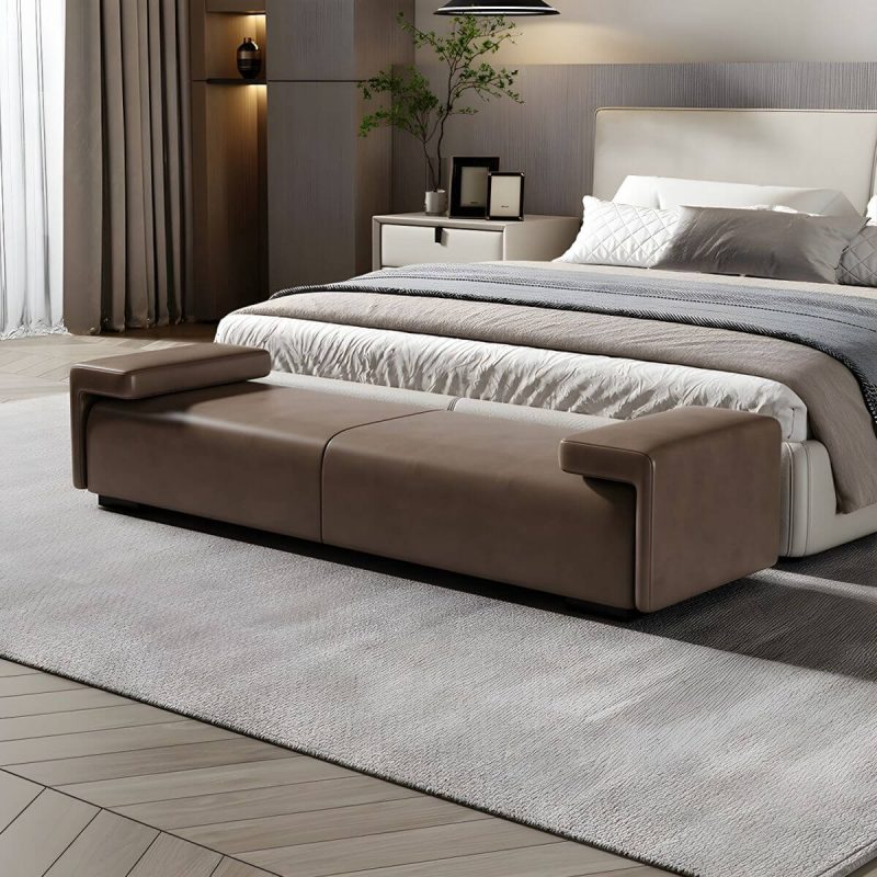 "Modern Solid Color Leather Upholstered Bedroom Bench with Arms - 71"L x 18"W x 22"H Coffee Backless"