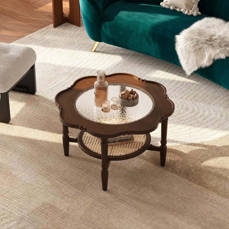 "31.5" Walnut Glass Top Wood Rattan 2-Tiered Coffee Table 	"