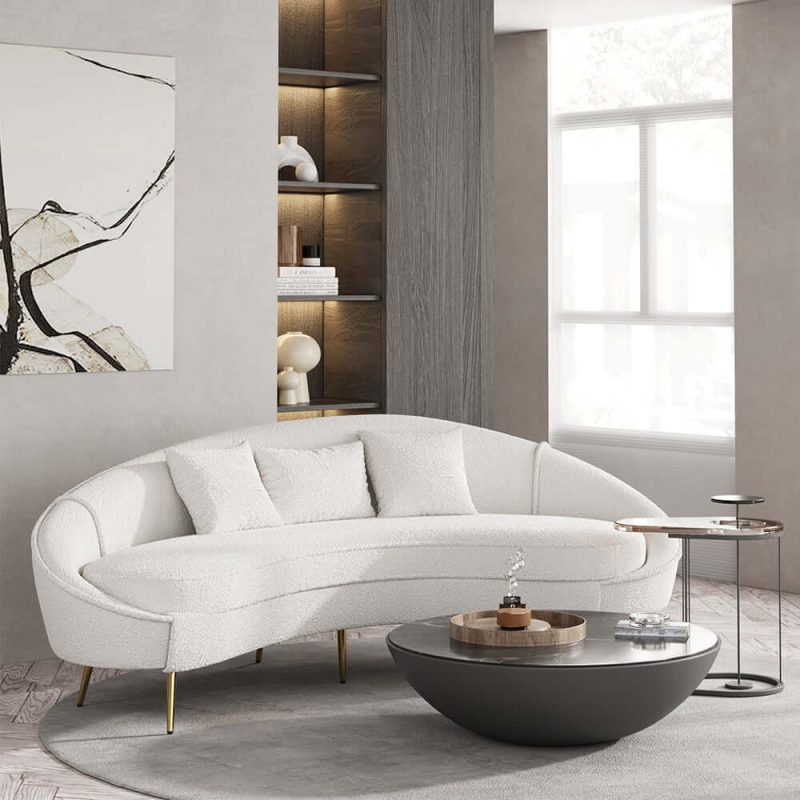 "83" Modern White Boucle Curved Sofa 3 Seaters Toss Pillow Included"