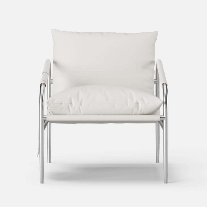 "White Leather Accent Chair with Stainless Steel Frame Set of 2"