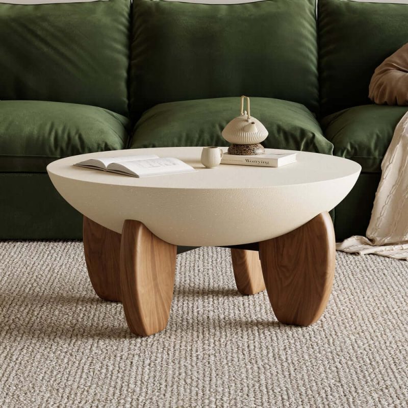 "118" Channel Sherpa Linen Sectional Sofa & Beige & Walnut Coffee Table Concrete Set"