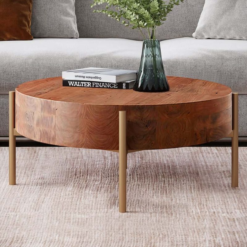 "Rustic Round Coffee Table with Solid Wood Tabletop Metal Legs"