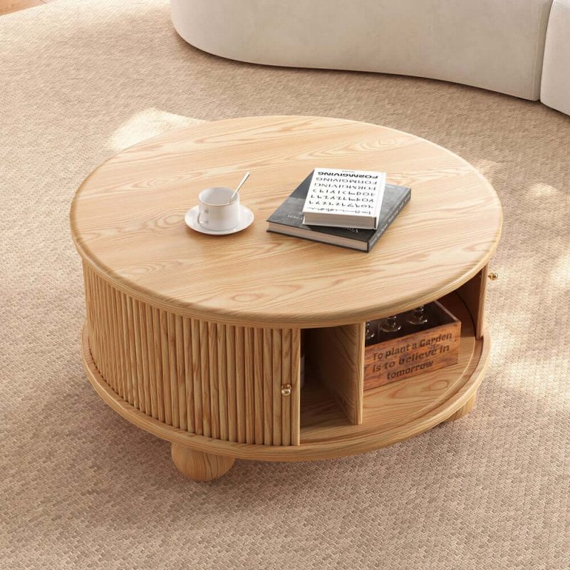 "Stria 32" Round Ash Wood Fluted Coffee Table with Storage 71"  Ash Wood Fluted TV Stand"